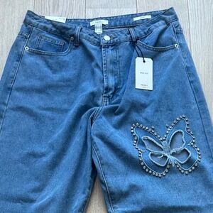 Butterfly Rhinestone Wide Leg‎ Jeans 31 Relaxed High Rise Forever 21 Fairy Boho
